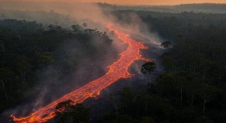 Lava Flowing Through Green Forest Landscape