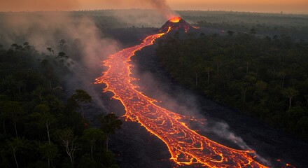 Volcano Eruption with Lava Flowing Through Forest