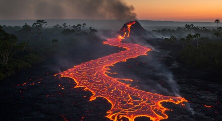 Active Volcano Flowing Lava River at Sunrise