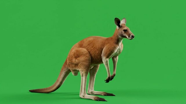 Red Kangaroo, Standing Alert, Isolated on Green Screen Backdrop.