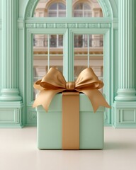A golden Christmas gift box with elegant satin ribbon in Ladurée pastel green