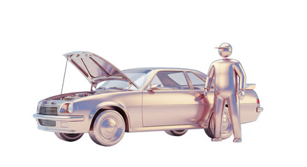 Isolated Metallic Car with Open Hood Mechanic Figure