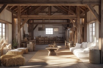 Rustic barn interior with wooden beams and hay bales.