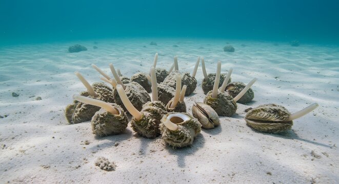 A cluster of razor clams with siphons extended on the sandy ocean floor underwater view