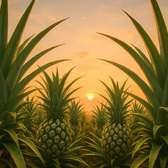 Fototapeta premium Golden Pineapple Sunset.A lush pineapple field glows under a warm, golden sunset sky. The symmetrical rows of spiky leaves frame ripe pineapples, creating a tropical and serene atmosphere.