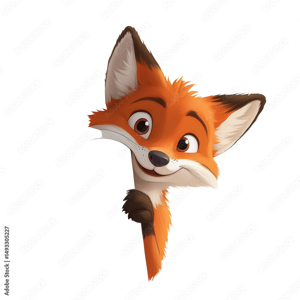 Poster charming cartoon fox character peeking out from behind a blank surface