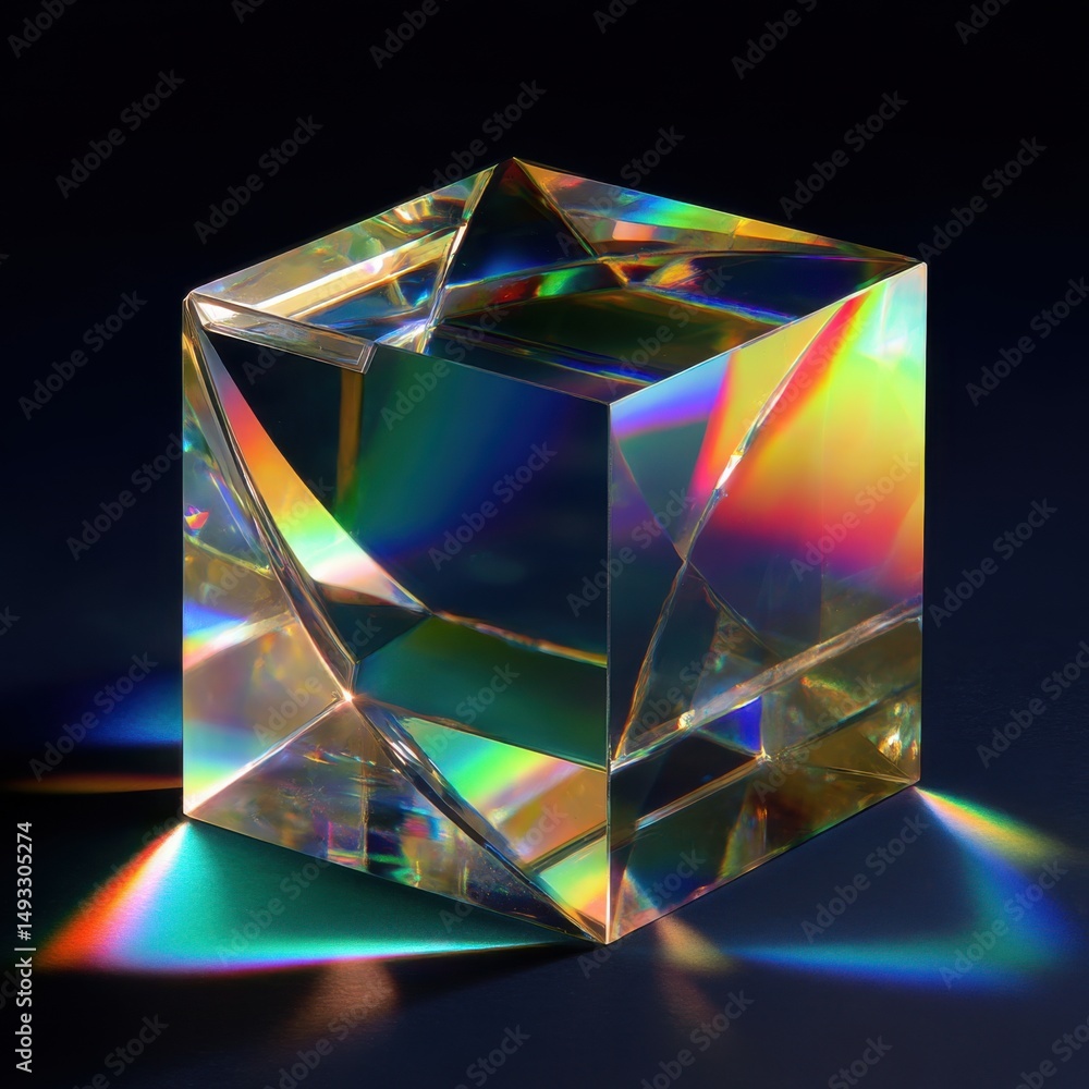 Poster crystal cube refracts light spectrum on dark surface studio shot close up abstract science optics ph