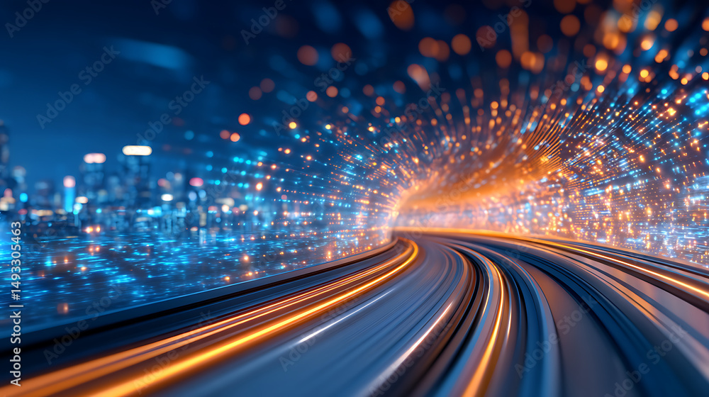 Poster futuristic tunnel with dynamic lighting on a dark background, concept of speed and technology. gener
