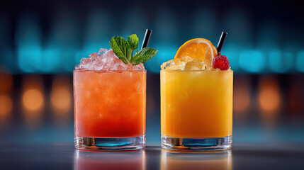A pair of cocktails served with colorful garnishes and straws, set on a sleek modern bar with LED lights in the background