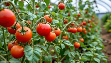 Obraz premium Fresh Ripe Red Tomatoes Growing on Vines in a Greenhouse with Lush Green Leaves Under Natural Light