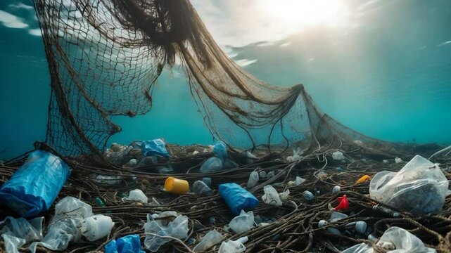Abandoned debris fishing net or ghost net and plastic garbages in the sea. Remove waste to clean the ocean. Protect the underwater world from trash pollution. Environmental conservation