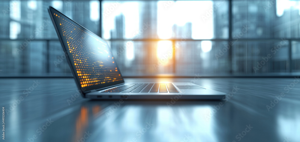 Aufkleber sleek laptop with glowing screen sits on polished floor, reflecting warm light of sunset through lar