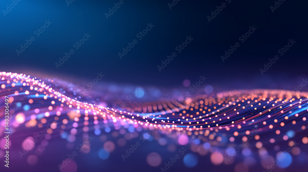 Poster a digital wave pattern with blue and pink dots on a dark background, representing a technology conce
