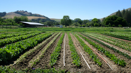 Obraz premium Vibrant Green Rows of Vegetables in a Sunny Agricultural Landscape