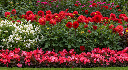 dahlias,  red dahlias,  begonias, Vibrant Summer Flowerbed with Dahlias, Begonias, and White Flowers