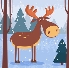 Vector image of a cute cartoon moose. A stylized hoofed, forest animal, a kind character.
Christmas card, children's illustration, background for a mobile application.
