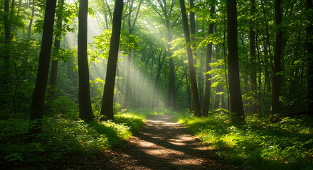 Obraz premium forest, woods, trees, Sunbeams in a Green Forest