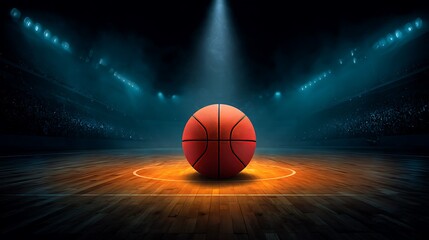 A single basketball rests center court in a darkened arena, illuminated by spotlights, ready for the game.