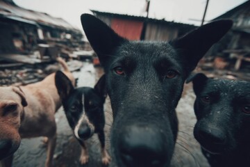 Naklejka premium Close-up of Stray Dogs Looking at Camera in Urban Slum Setting Low Angle View Poverty and Animal Welfare Concerns