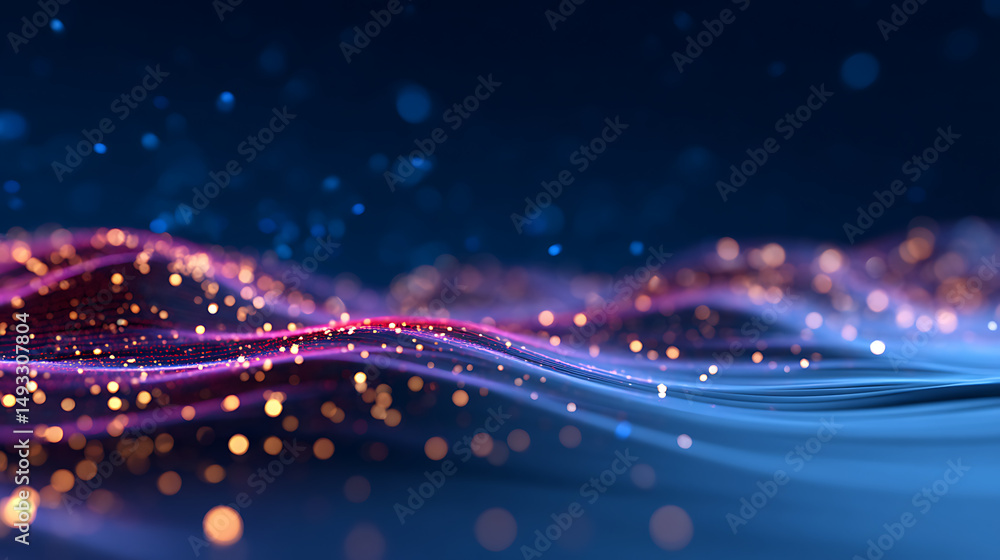 Poster abstract digital wave of glowing particles on dark background, concept of technology and dynamic mot