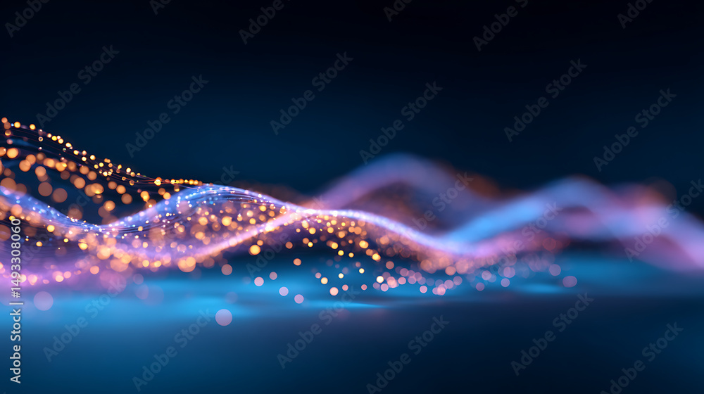 Aufkleber abstract digital wave of glowing particles on dark background, concept of technology and dynamic mot