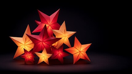 Glowing origami stars in red and orange hues create a festive, magical scene.