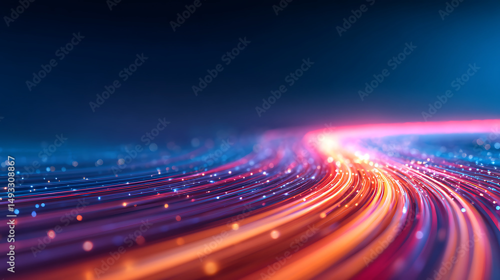 Poster a dynamic image of converging lines with a gradient from blue to red, symbolizing speed or technolog