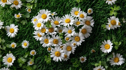 Fototapeta premium Fresh daisies arranged in a heart-shaped pattern, spread on the fresh green grass, overlooking the natural floral patterns, symbolizing love and the beauty of nature