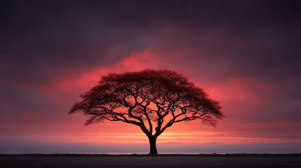 Obraz premium A tree silhouette against a deep red and purple sky at dusk, with the last traces of sunlight filtering through its branches, creating dramatic shadows