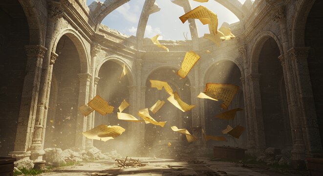 Flying Paper Inside Old Building Ruins