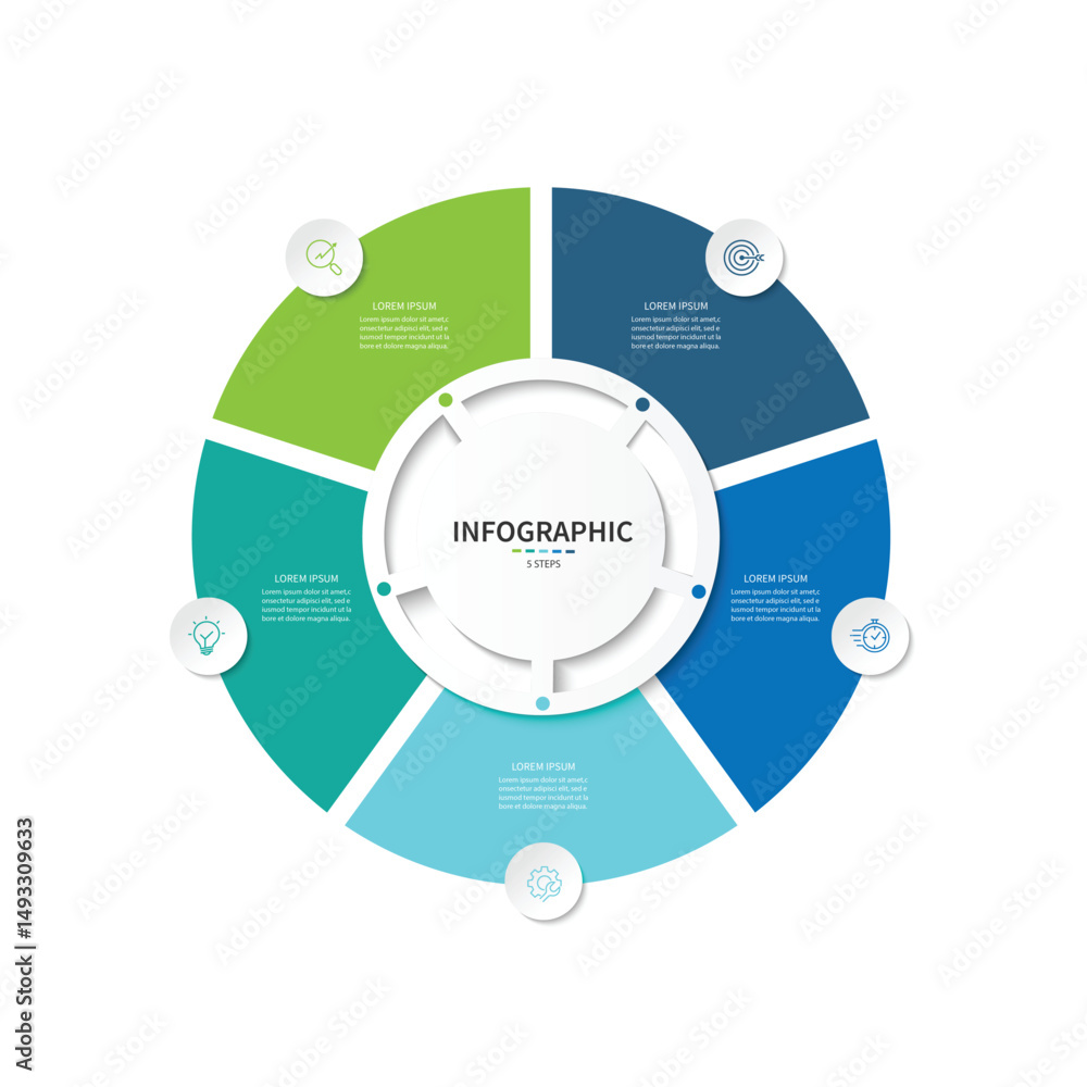 Poster Business visualization infographic circle design template with 5 options, steps or processes. Business presentation.