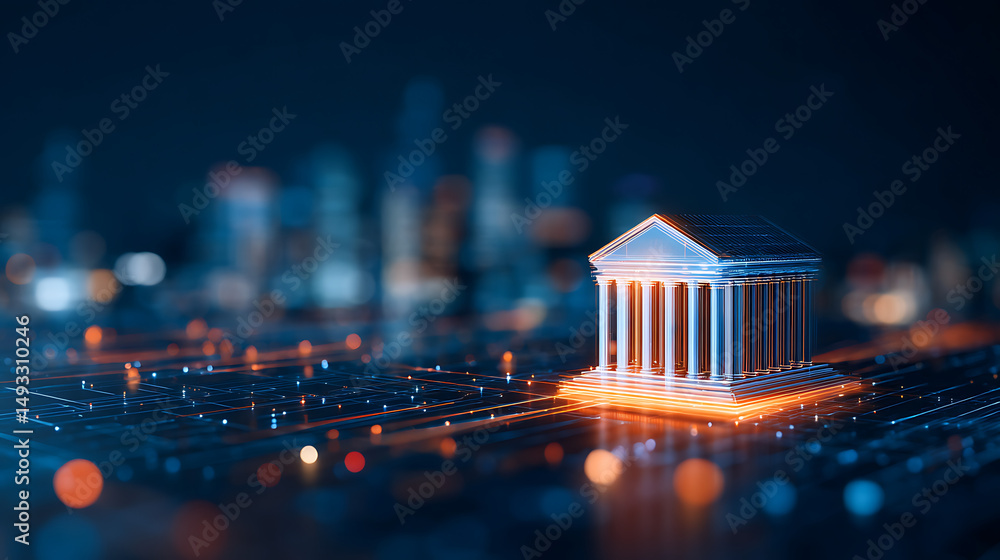 Poster a glowing digital structure resembling a classical building on a tech-inspired background, symbolizi