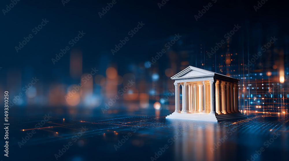 Aufkleber a glowing digital structure resembling a classical building on a tech-inspired background, symbolizi