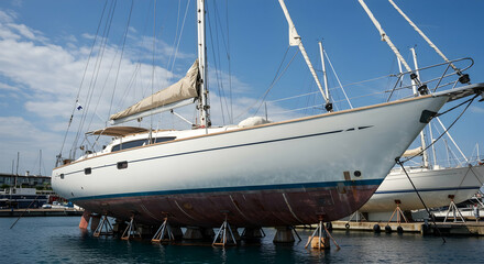 Fototapeta premium sailboat, yacht, sailing, Luxury Sailboat Out of Water for Maintenance