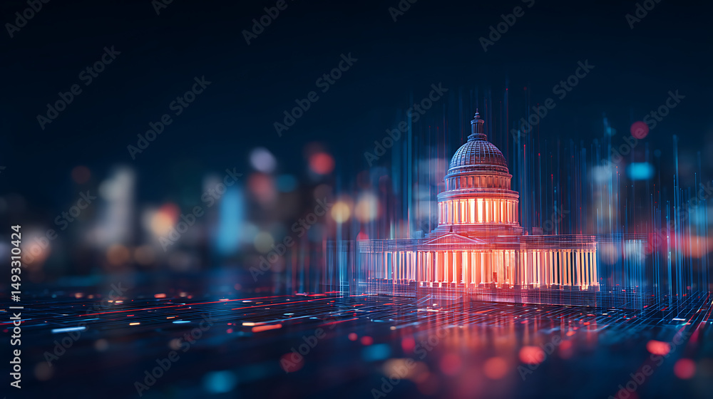 Poster a glowing digital structure resembling a classical building on a tech-inspired background, symbolizi
