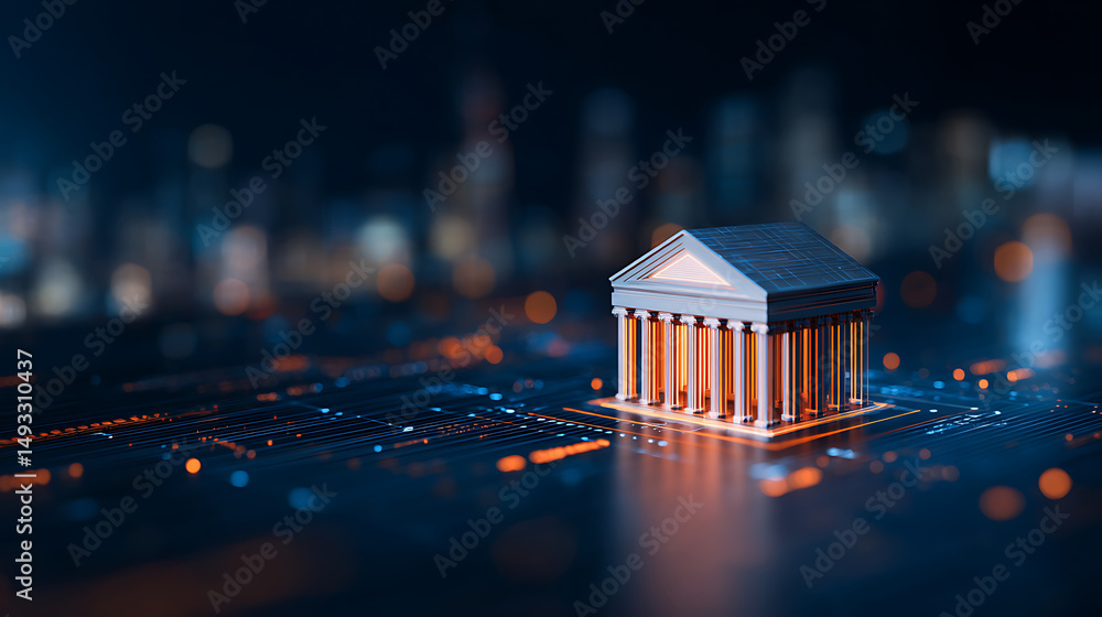 Poster a glowing digital structure resembling a classical building on a tech-inspired background, symbolizi