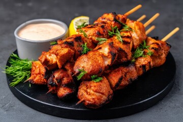 Gluten free homemade food colorful. Homemade Gluten-Free Chicken Tikka Skewers Served with Lemon and Sauce on Dark Plate