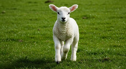 Obraz premium Lamb running toward camera in a green pasture