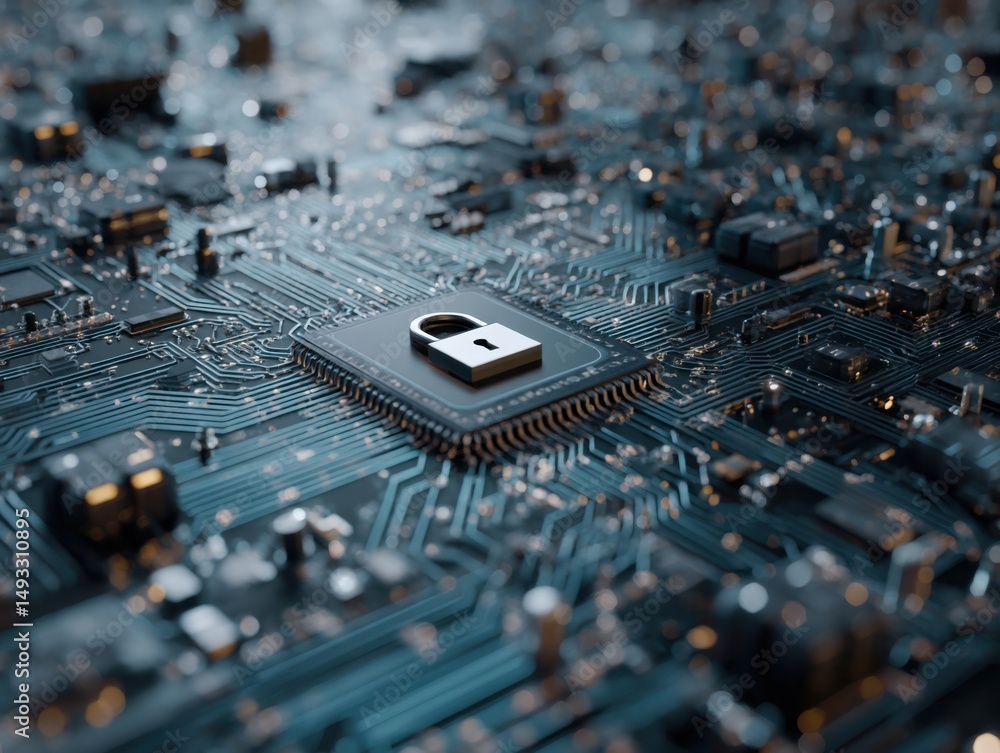 Fototapete close-up of a padlock on a microchip, representing cybersecurity and data protection on a modern cir