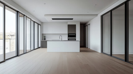 Fototapeta premium Modern kitchen interior design with large windows and open layout in an urban apartment