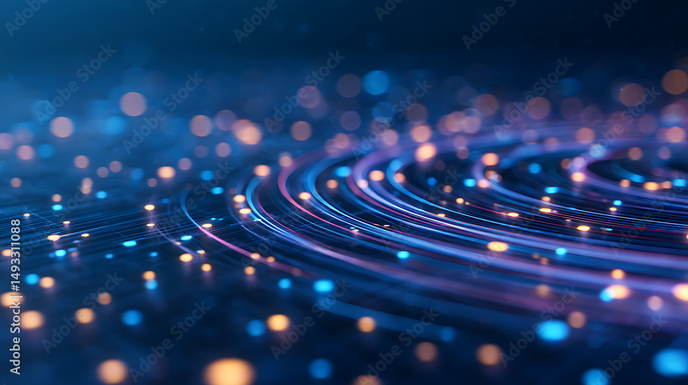 Aufkleber abstract technology background with blue neon glowing circles and particles, depicting the concept o