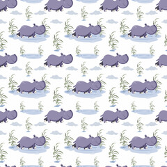 Seamless pattern with cute hippos