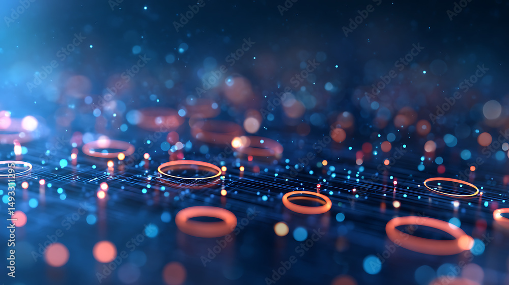 Aufkleber abstract technology background with blue neon glowing circles and particles, depicting the concept o