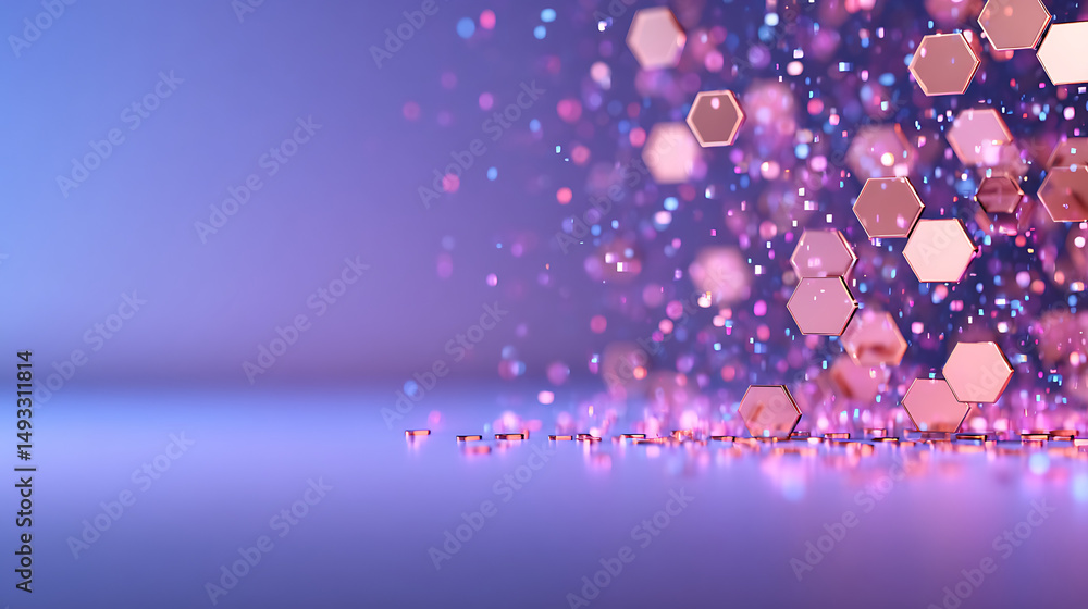 Poster hexagonal shapes with glowing edges and floating particles on a purple gradient background, concept 