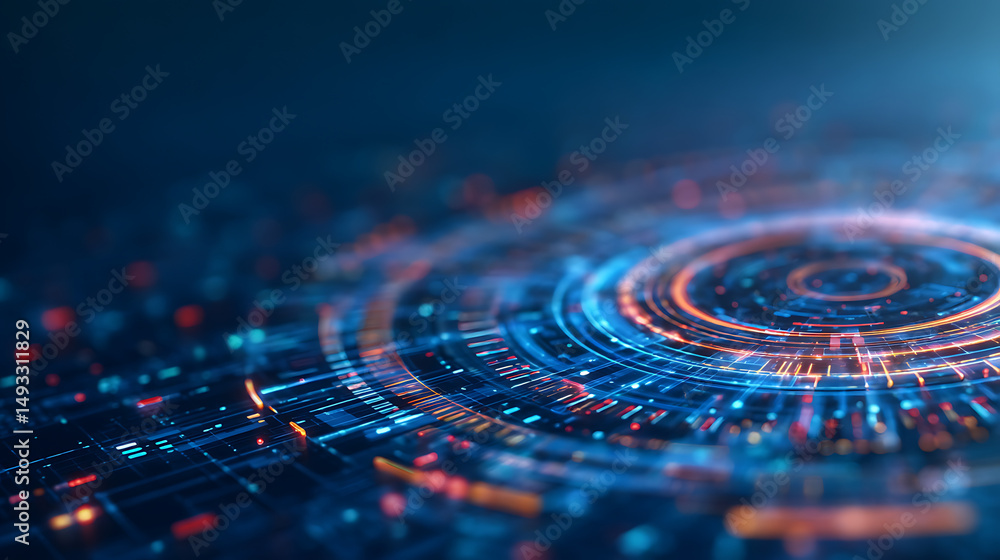 Aufkleber a futuristic blue holographic interface with glowing outlines on a digital grid with a concept of te
