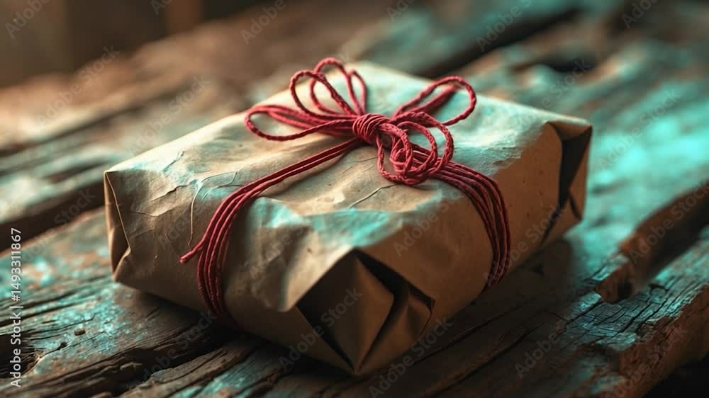 Poster a brown paper-wrapped package with a red bow set against a rustic background