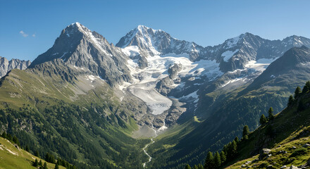 alps,  mountains,  mountain range, Majestic Alpine Mountain Range with Glacier and Valley