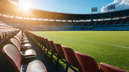 Daylight shines over empty stadium seats, illuminating the vibrant green field. An inviting space for future events. Awaiting the crowd's excitement.