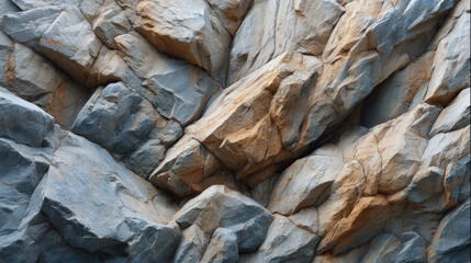 An abstract close up reveals the rough texture and angular surfaces of a rugged cliff face, showcasing natural stone formations with varied colors and shading.