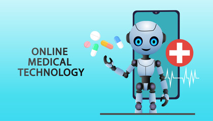 A friendly robot assistant for an online medical app is shown with various pills. This 3D concept banner illustrates the future of healthcare, artificial intelligence, and digital prescriptions.